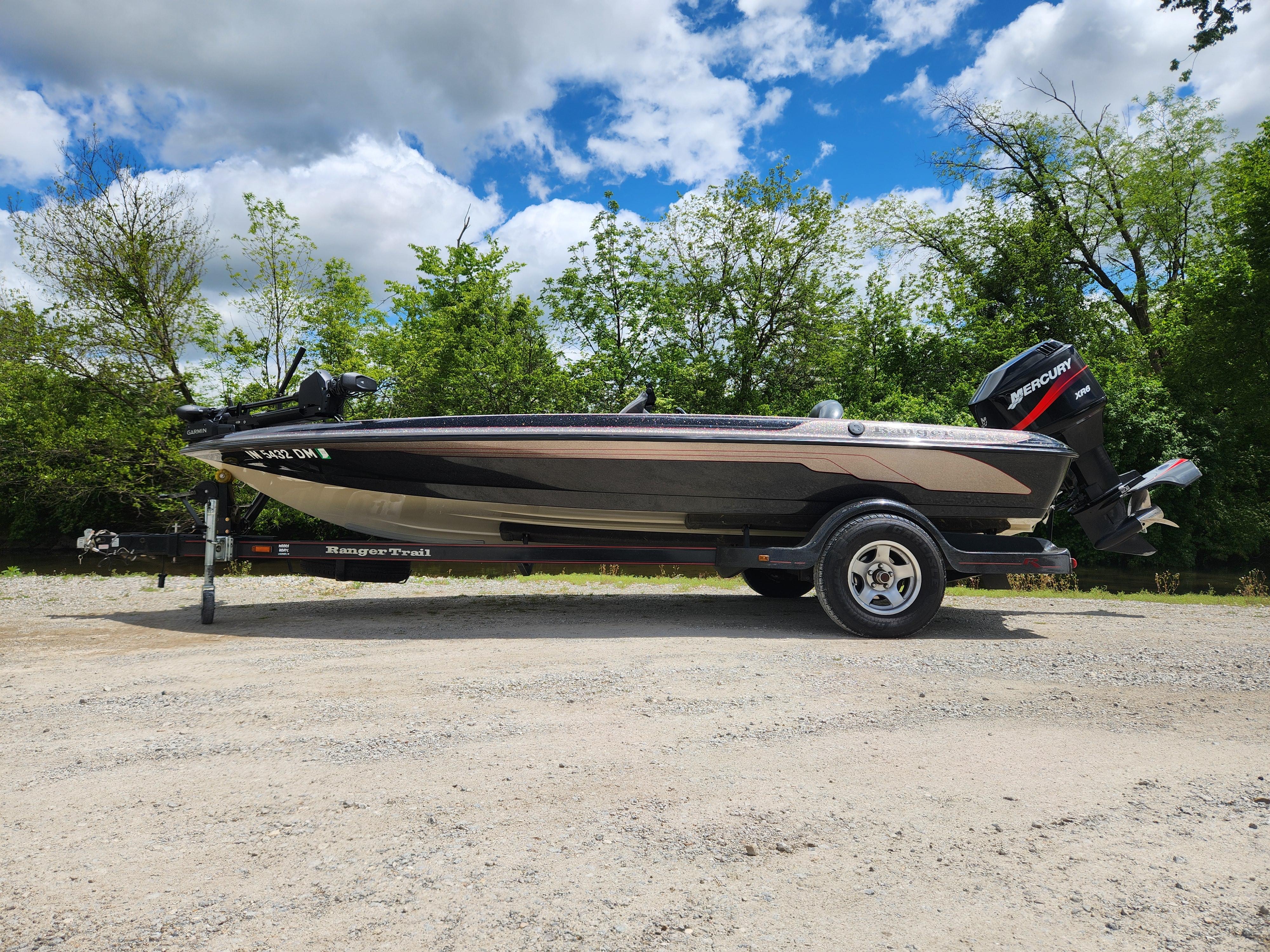 Ranger 188VS 2002 Ranger 188VS boat on trailer, parked outdoors with trees and cloudy sky.