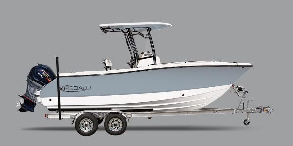 Robalo R230 Center Console 2025 Robalo R230 Center Console boat on trailer, side view.