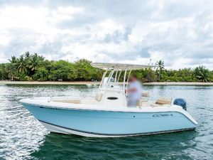 Cobia 201 Center Console 2015 Cobia 201 Center Console boat on water near tropical shoreline.