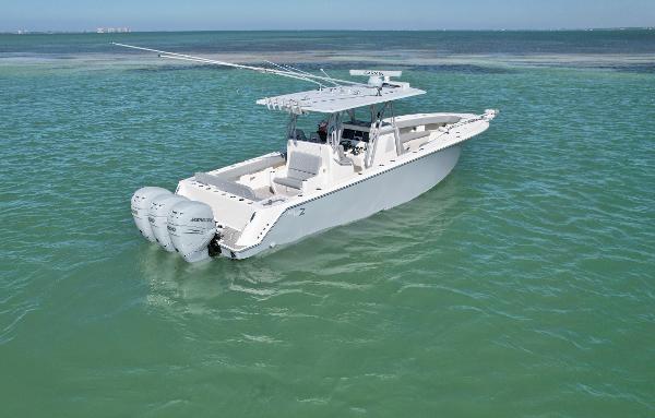 SeaVee 370z 2020 SeaVee 370z boat with dual engines on calm ocean water.