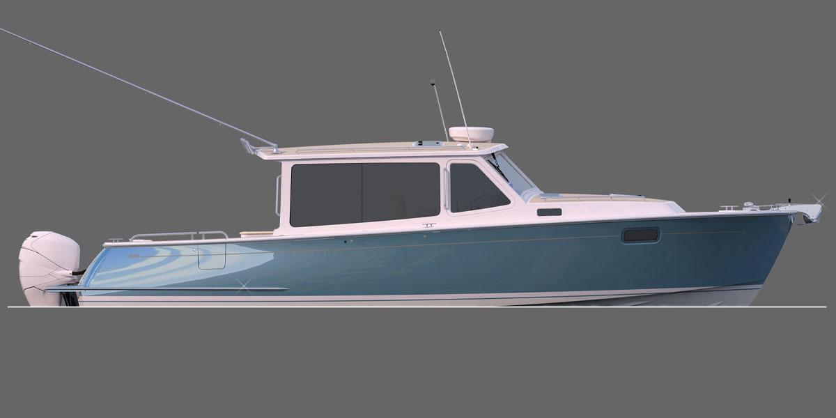 MJM 38RS 2026 MJM 38RS boat with sleek design, blue hull, and modern cabin on gray background.