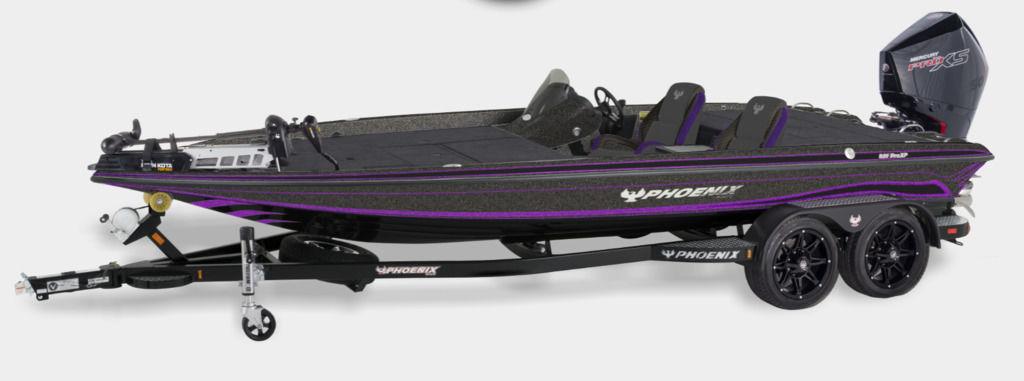 Phoenix 920 Elite X 2026 Phoenix 920 Elite X bass boat with trailer, featuring sleek black and purple design.