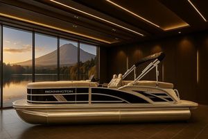 Bennington M Quad Bench 22 MFB 2026 Bennington M Quad Bench 22 MFB pontoon boat in elegant showroom with scenic mountain view.
