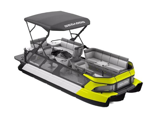 Sea-Doo Switch Cruise 21-230 Hp 2024 Sea-Doo Switch Cruise 21-230 Hp pontoon boat with canopy and seating.