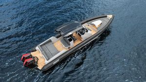 Skipper-BSK 38 2025 Skipper 38 boat on water, featuring sleek design and dual outboard motors.