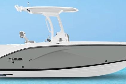 Yamaha Boats 222 FSH Sport E 2026 Yamaha Boats 222 FSH Sport E, sleek design, side view, blue background.