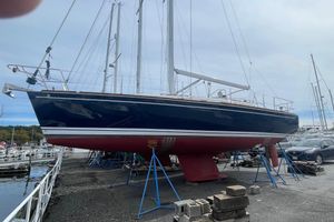 Tartan 37 Sailboat on stands, Tartan 37 model, 2002, in a marina setting.