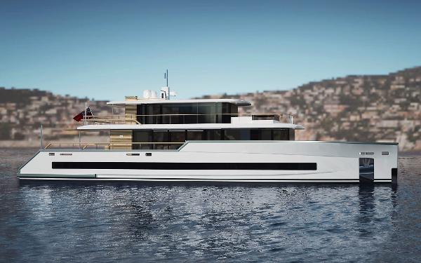 Custom PROJECT ABACOS Modern luxury yacht PROJECT ABACOS 2025 on calm waters with scenic background.