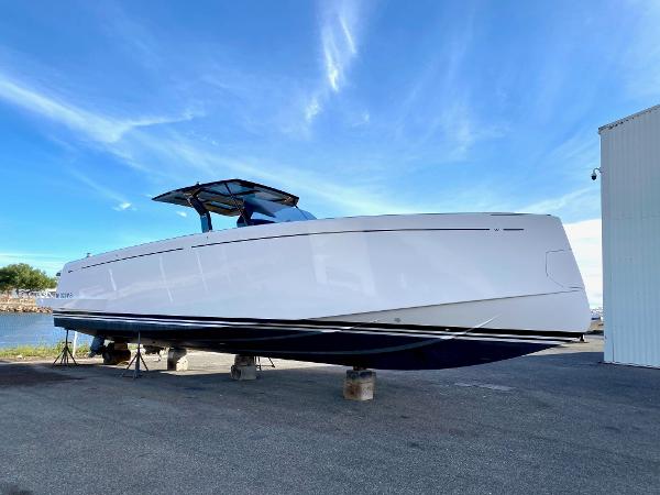 Pardo Yachts 43 2021 Pardo Yachts 43 on dry dock under clear blue sky.