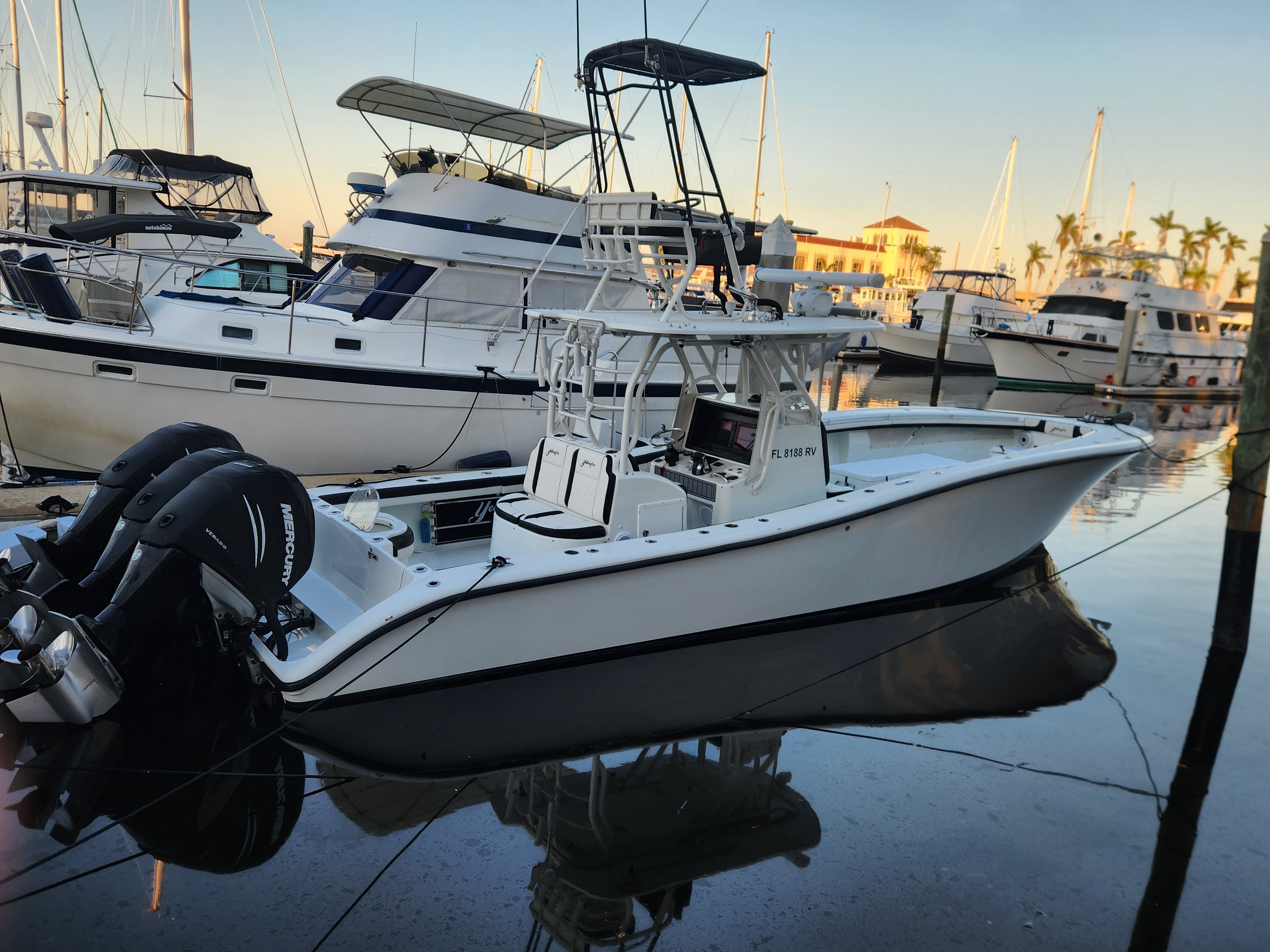 Yellowfin 36 Offshore 2008 Yellowfin 36 Offshore boat docked with twin Mercury engines.