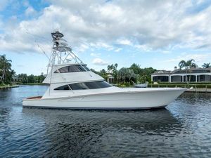 Viking 68 Enclosed Bridge Convertible 2021 Viking 68 Enclosed Bridge Convertible yacht on a serene waterway.