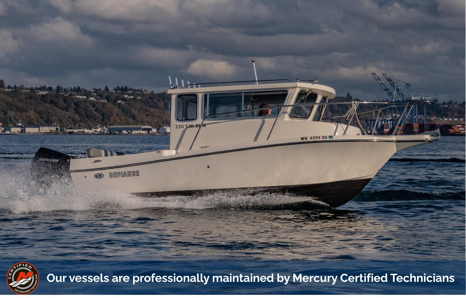 Defiance San Juan 220 2022 Defiance San Juan 220 boat cruising on water, maintained by Mercury Certified Technicians.