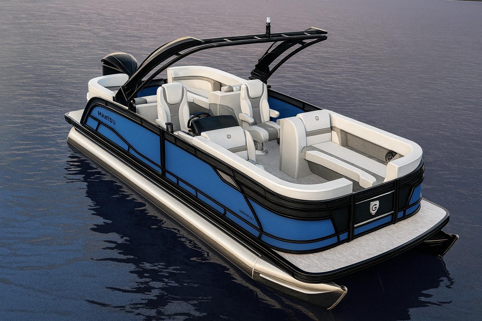 Godfrey Monaco 255 Split Bench - 2500 SBC 2026 Godfrey Monaco 23' Dual Flip Lounge Tritoon on calm water, showcasing sleek design.