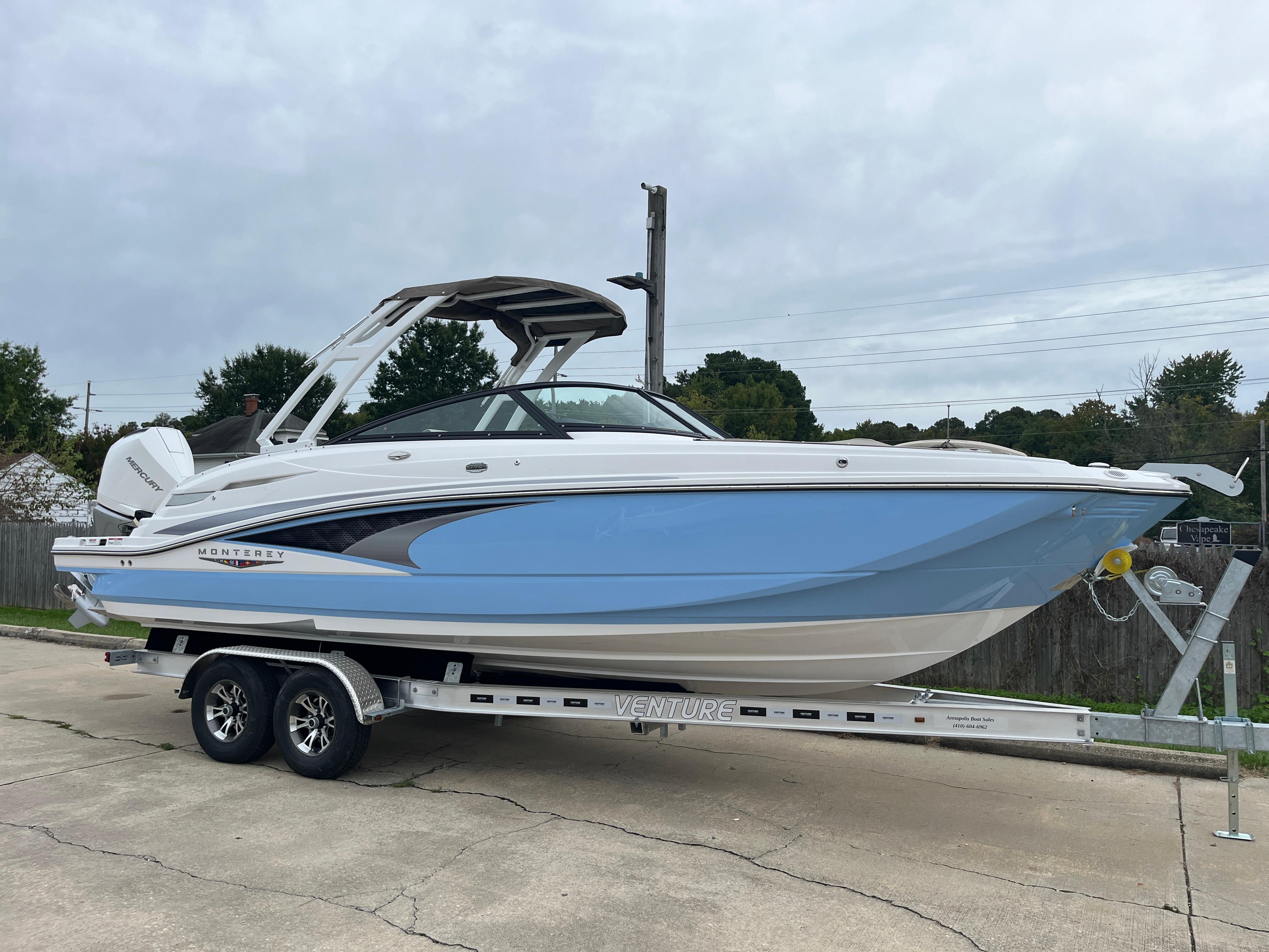 Monterey M-65 2025 Monterey M-65 boat on trailer, featuring sleek design and blue accents.