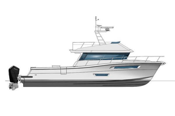Lindell 48 2025 Lindell 48 boat side view illustration with modern design and outboard motor.