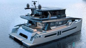 Custom Electric Solar Catamaran ( Hull Completed ) Futuristic 2026 custom electric solar catamaran on water, showcasing sleek design and advanced technology.