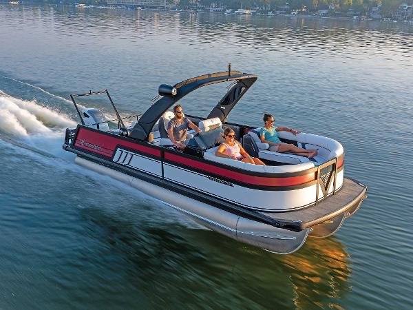 Viaggio Diamante 22S 2025 Viaggio Diamante 22S pontoon boat cruising on a calm lake with passengers.