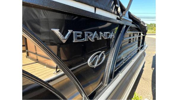 Veranda VP22RC 2023 Veranda VP22RC pontoon boat, close-up of logo and side view.