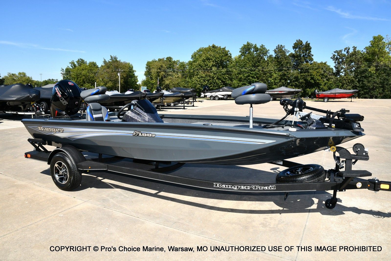 Ranger RT188P Garmin Livescope Cup Equipped 2026 Ranger RT188P boat with Garmin Livescope, parked on a trailer in a marina.