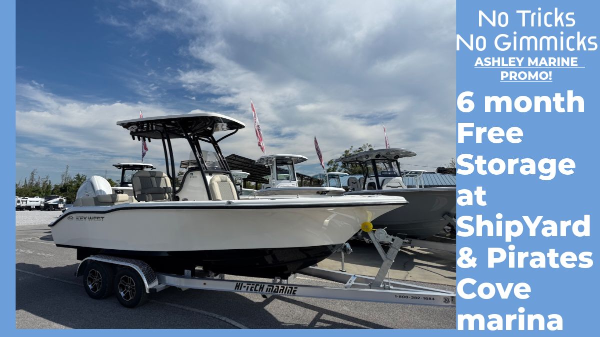Key West 219 FS 2026 Key West 219 FS boat on trailer, promotional offer for free storage at marina.