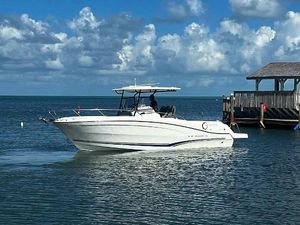 Jeanneau Leader 9.0 CC 2020 Jeanneau Leader 9.0 CC boat cruising near a dock under a cloudy sky.