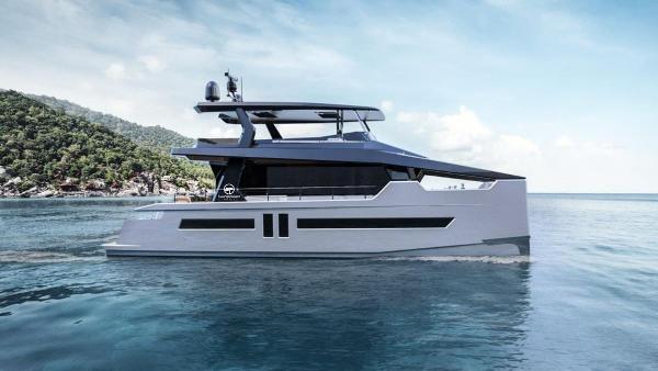 Sunpower Alva Solar-E 60 Modern Sunpower Alva solare-E 60 yacht cruising near a lush coastline, 2026 model.
