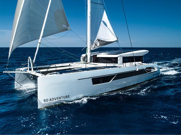 Windelo 50 Adventure 2025 Windelo 50 Adventure catamaran sailing on open sea.