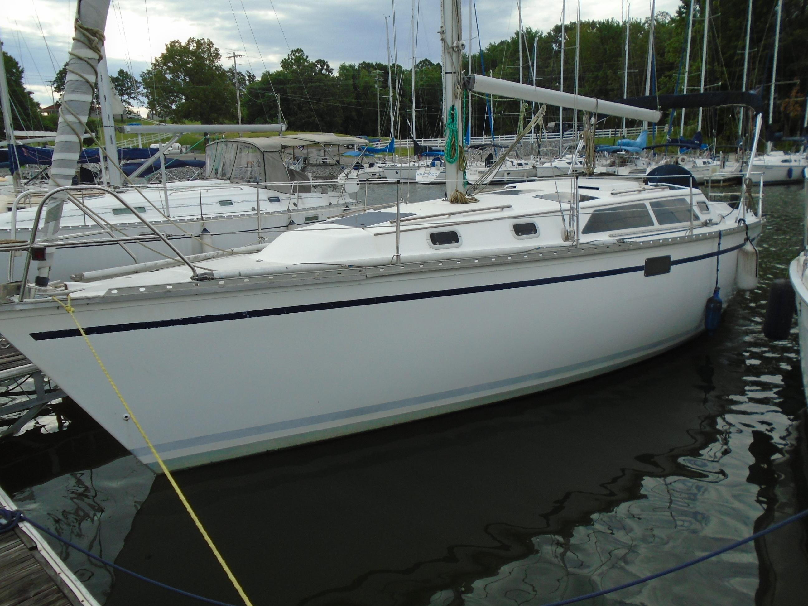 Hunter 33.5 1993 Hunter 33.5 sailboat docked at marina, surrounded by other boats.