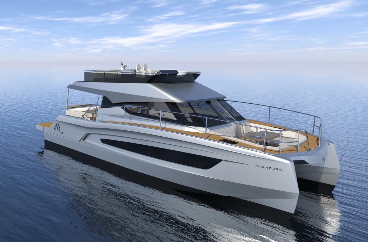 Aventura 38 MY Fly-bridge Aventura 38 MY 2026 yacht on calm sea under clear sky.