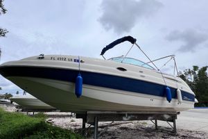 Chaparral Sunesta 254 2004 Chaparral Sunesta 254 boat on trailer, blue and white design, overcast sky.