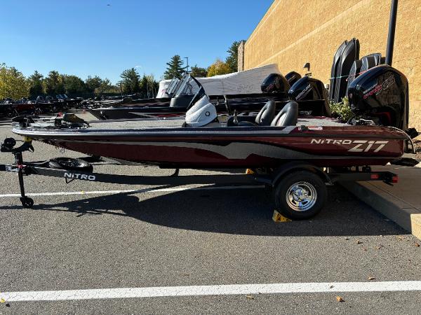 Nitro Z17 2025 Nitro Z17 boat parked outdoors on a trailer.
