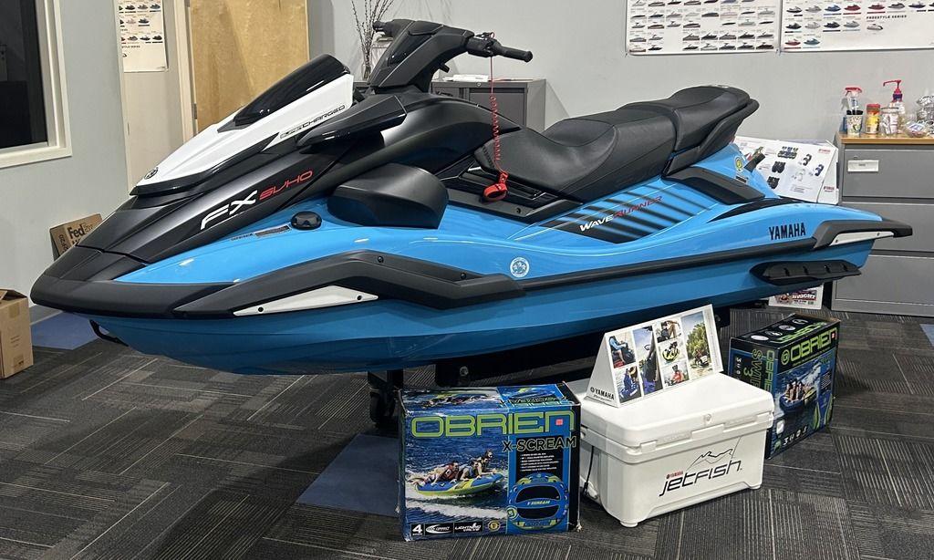 Yamaha WaveRunner FX SVHO® 2025 Yamaha WaveRunner FX SVHO® jet ski displayed indoors with accessories.