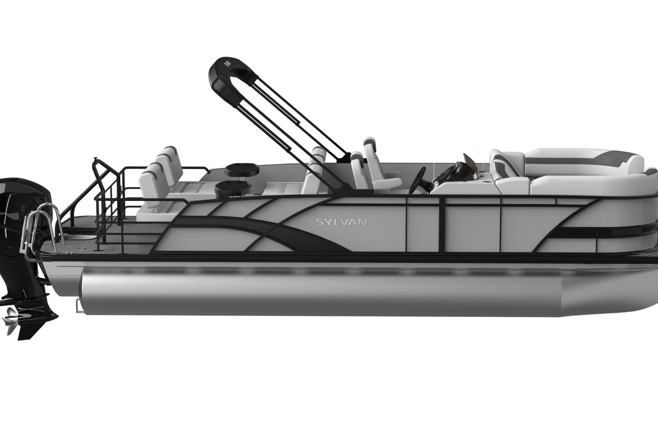 Sylvan L3 RLZ 2026 Sylvan L3 RLZ pontoon boat, sleek design, modern seating, and powerful outboard motor.