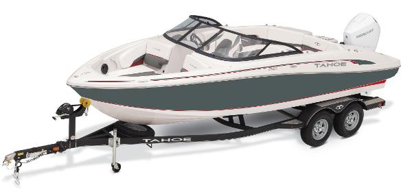 Tahoe 210 S 2024 Tahoe 210 S boat on trailer, sleek design, white and gray exterior.