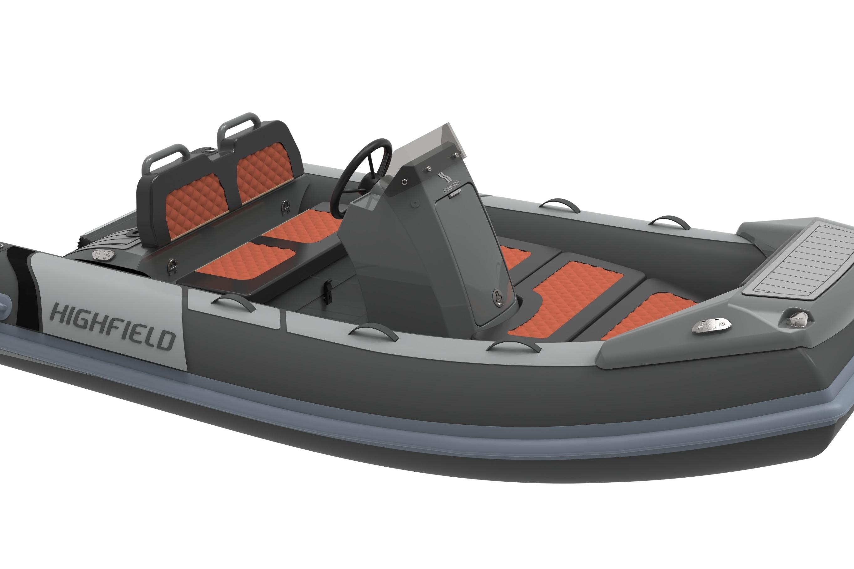 Highfield Sport 330 2026 Highfield Sport 330 boat with orange seating and sleek gray design.