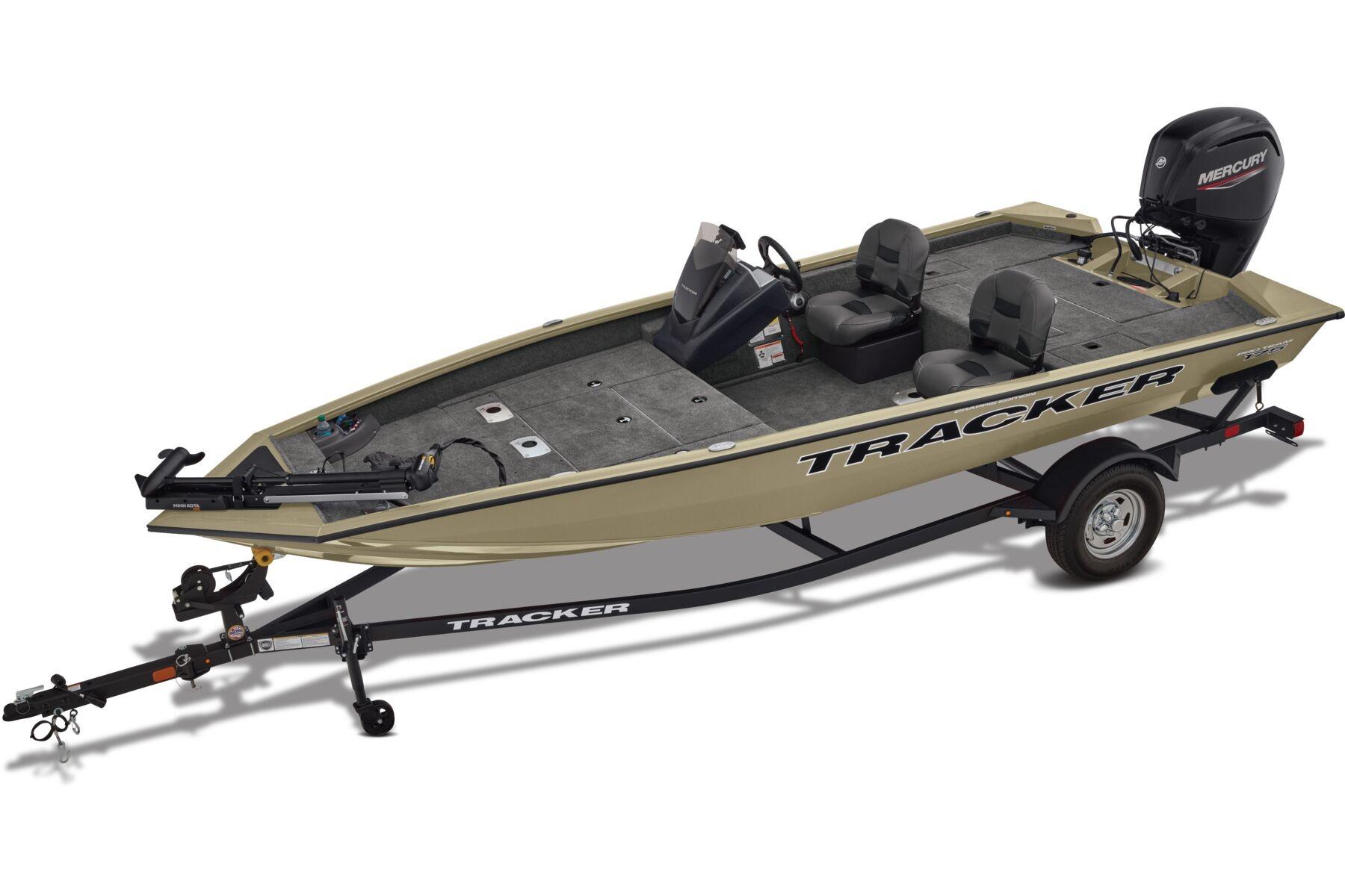 Tracker Pro Team 175 Crappie Edition 2026 Tracker Pro Team 175 Crappie Edition fishing boat on trailer, side view.