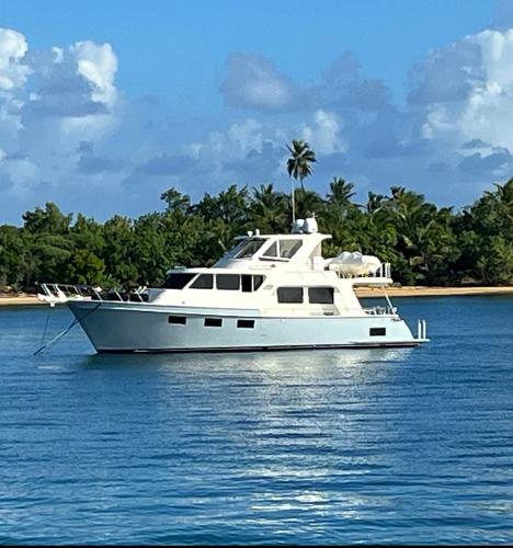 Marlow Explorer 49E 2017 Marlow Explorer 49E yacht anchored near tropical island with lush greenery and blue skies.