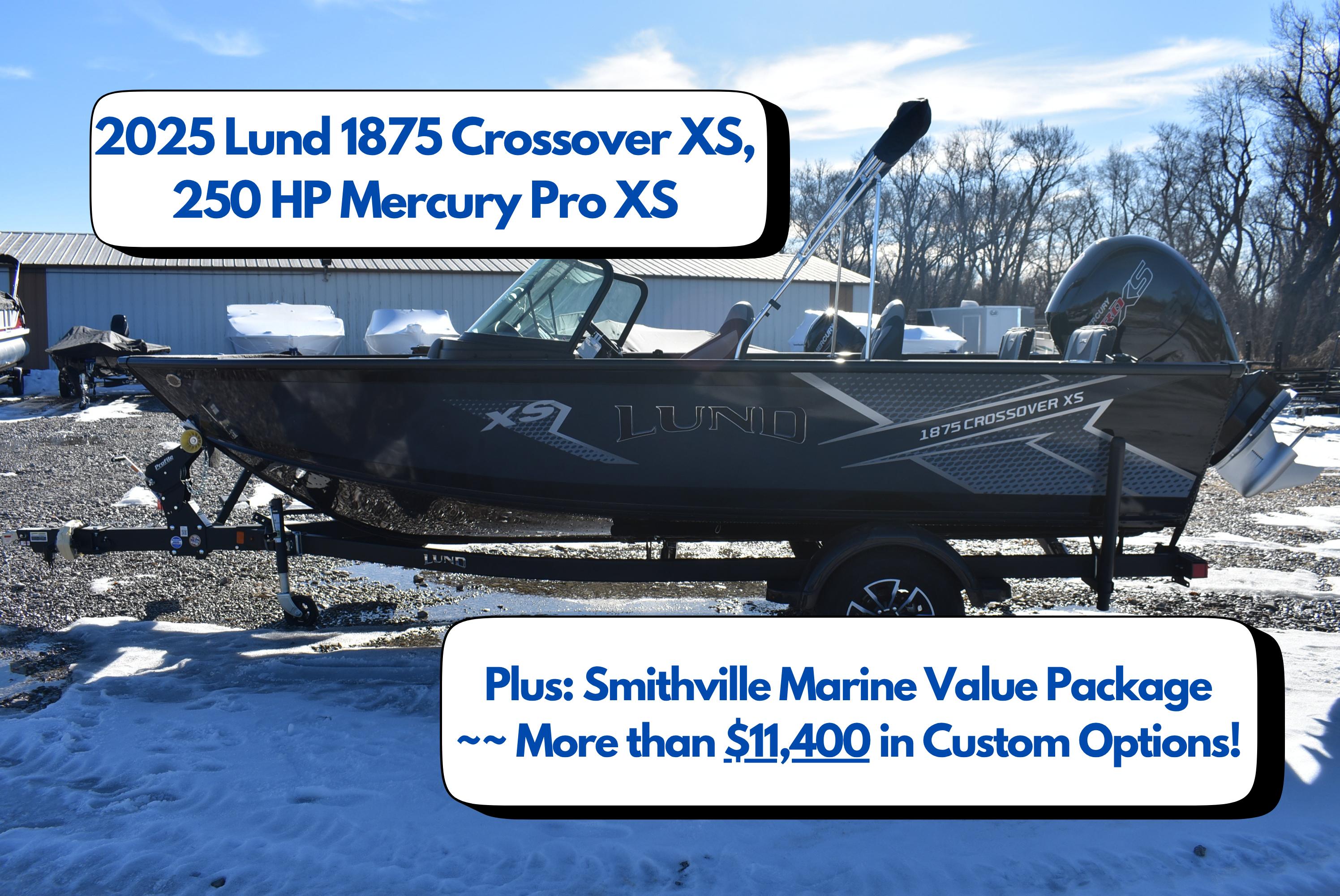 Lund 1875 Crossover XS 2025 Lund 1875 Crossover XS boat with 250 HP Mercury Pro XS engine on trailer.