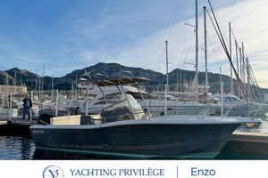 White Shark 245 Boat docked at marina, 2007 White Shark 245 model, with mountains in background.
