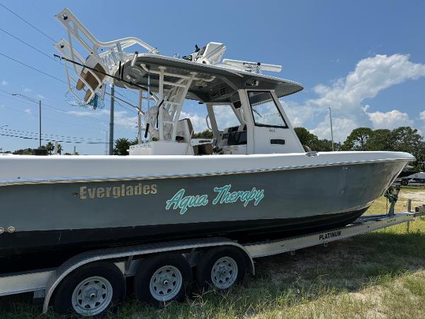 Everglades 355 Tournament 2013 Everglades 355 Tournament boat named "Aqua Therapy" on a trailer.