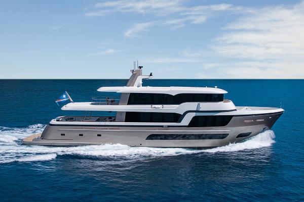Van der Valk Custom 34M Explorer Van der Valk Custom 34M Explorer yacht cruising on open sea, 2021 model.