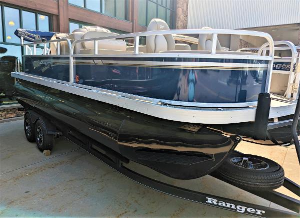 Ranger Reata 200F 2023 Ranger Reata 200F pontoon boat on trailer, blue and white exterior.