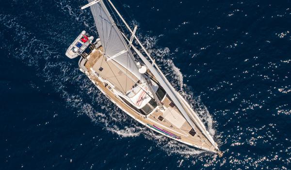Oyster 625 Aerial view of 2013 Oyster 625 yacht sailing on deep blue ocean.