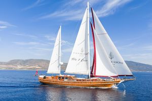 Custom Gulet Motorsailer Custom 2007 Gulet Motorsailer sailing on blue sea under clear sky.