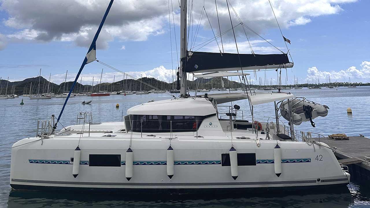 Lagoon 42 2018 Lagoon 42 catamaran docked in a scenic marina.