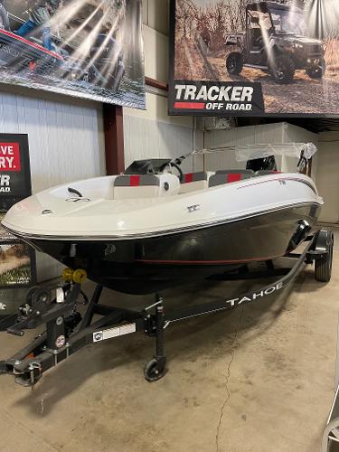 Tahoe T16 2024 Tahoe T16 boat on trailer in showroom.