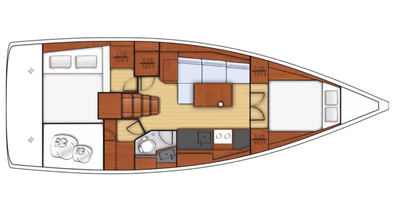 Beneteau Oceanis 38 Floor plan of a 2014 Beneteau Oceanis 38 sailboat interior layout.