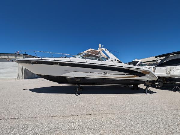 Sea Ray 380 Sun Sport 1995 Sea Ray 380 Sun Sport boat on stands in a marina.