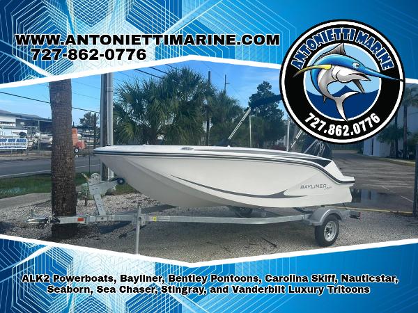 Bayliner Element M15 2025 Bayliner Element M15 boat on trailer at Antonietti Marine dealership.