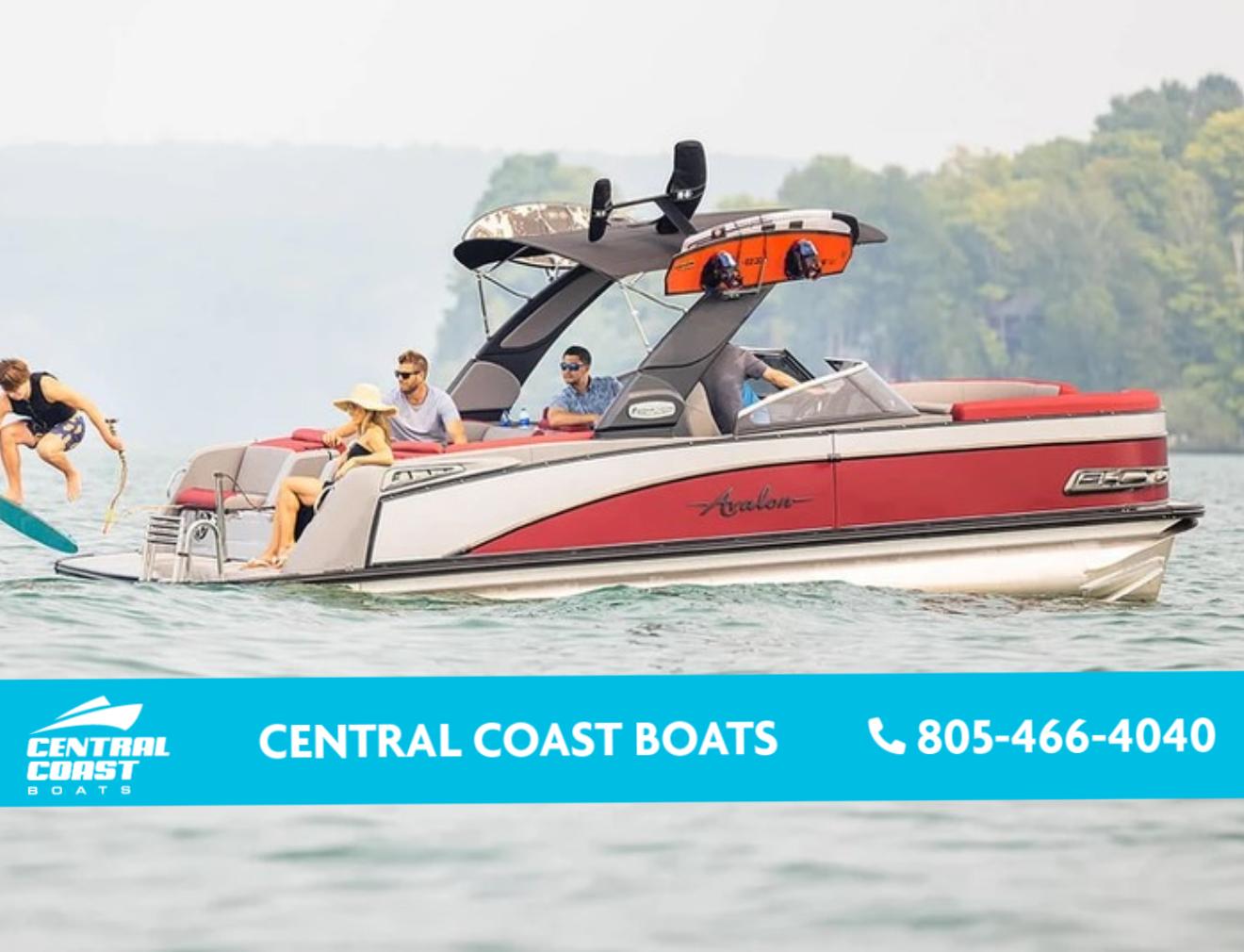 Avalon Waketoon 2024 Avalon Waketoon boat on water with people enjoying water sports, Central Coast Boats contact info.